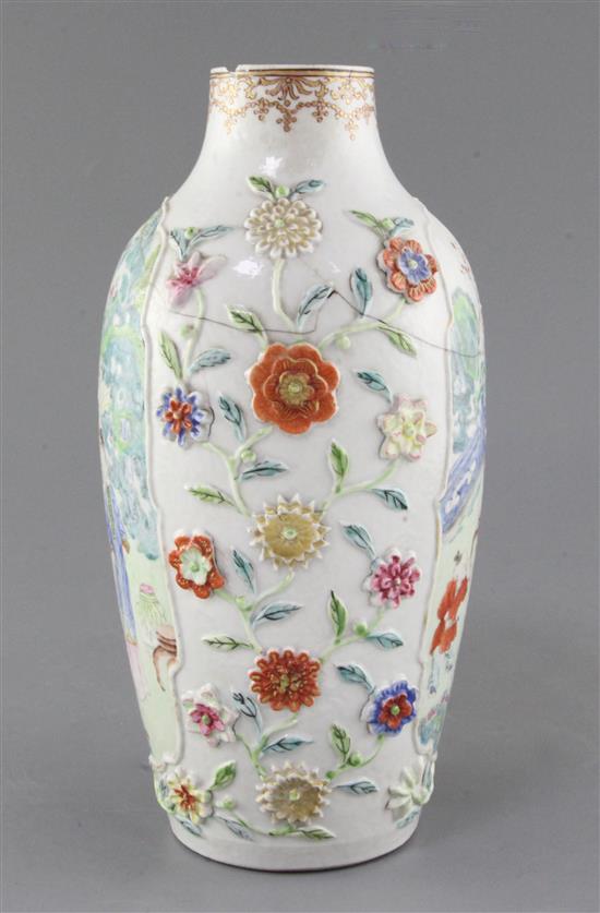 A Chinese flower applied famille rose vase, Qianlong period, 27.5cm, repaired